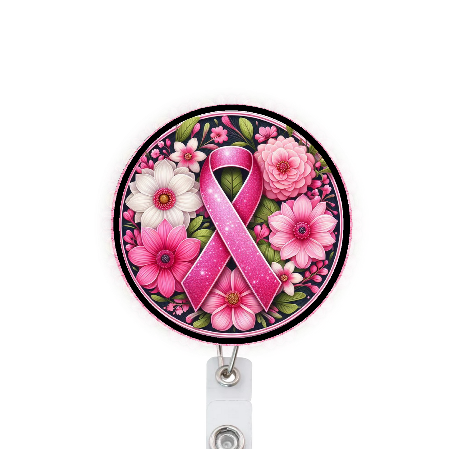 Pink Breast Cancer Ribbon Attached Badge Reel