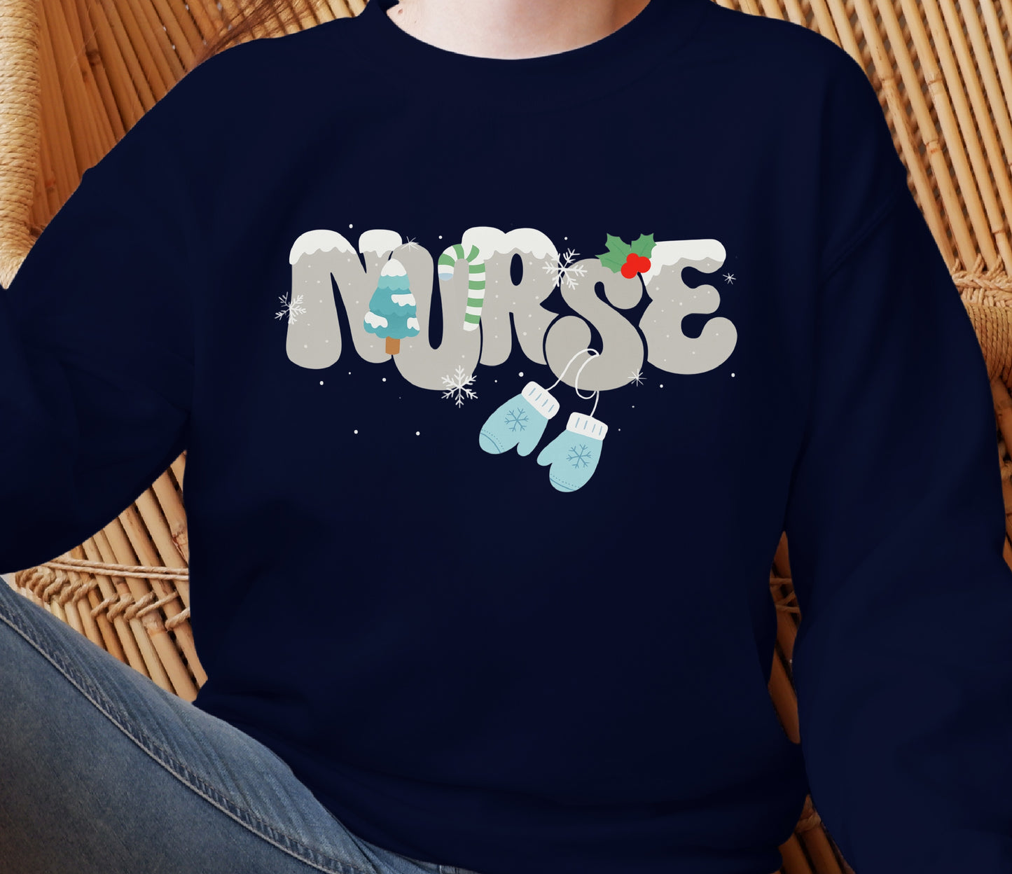 Winter Holiday Nurse Mittens Crew Navy Sweatshirt