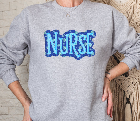 Winter Christmas Nurse Faux Appliqué Graphic Crew Sweatshirt
