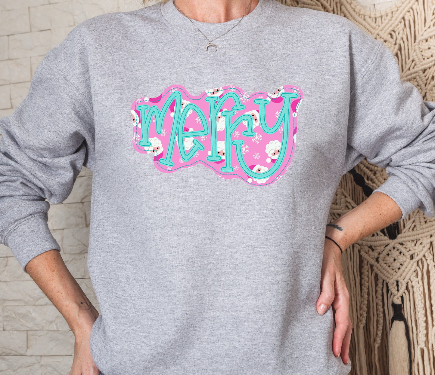 Christmas Merry Faux Appliqué Graphic Crew Sweatshirt