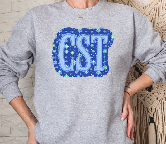 Holiday Snow Winter Christmas CST Faux Appliqué Crew Sweatshirt