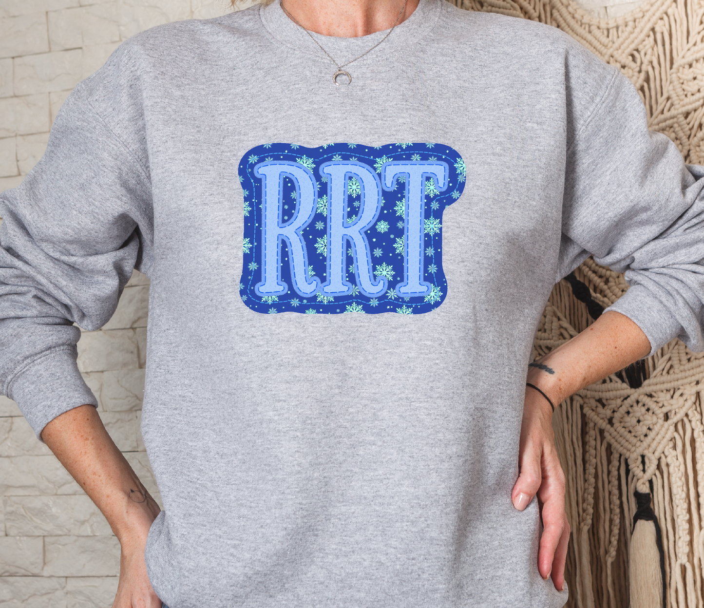 Holiday Snow Winter Christmas RRT Faux Appliqué Crew Sweatshirt