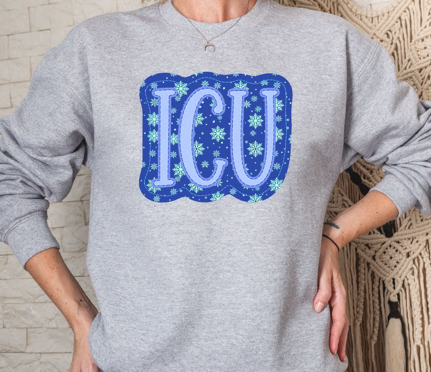 Holiday Snow Winter Christmas ICU Faux Appliqué Crew Sweatshirt