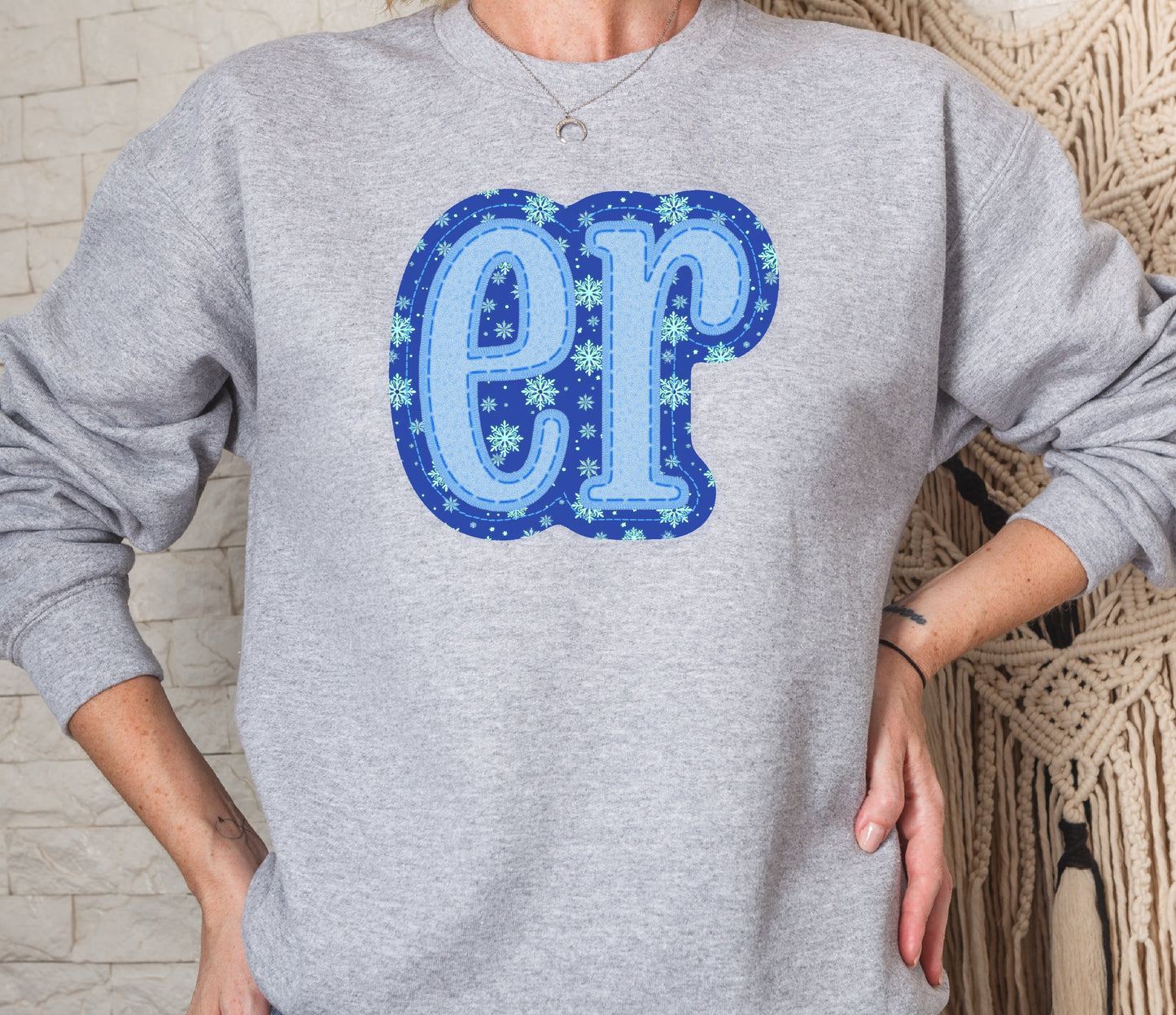 Holiday Snow Winter Christmas ER Faux Appliqué Crew Sweatshirt