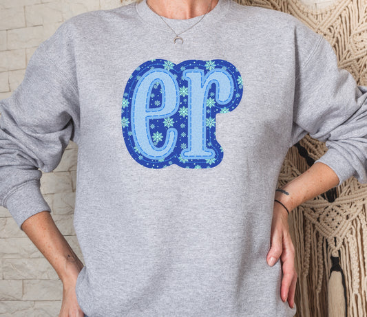 Holiday Snow Winter Christmas ER Faux Appliqué Crew Sweatshirt